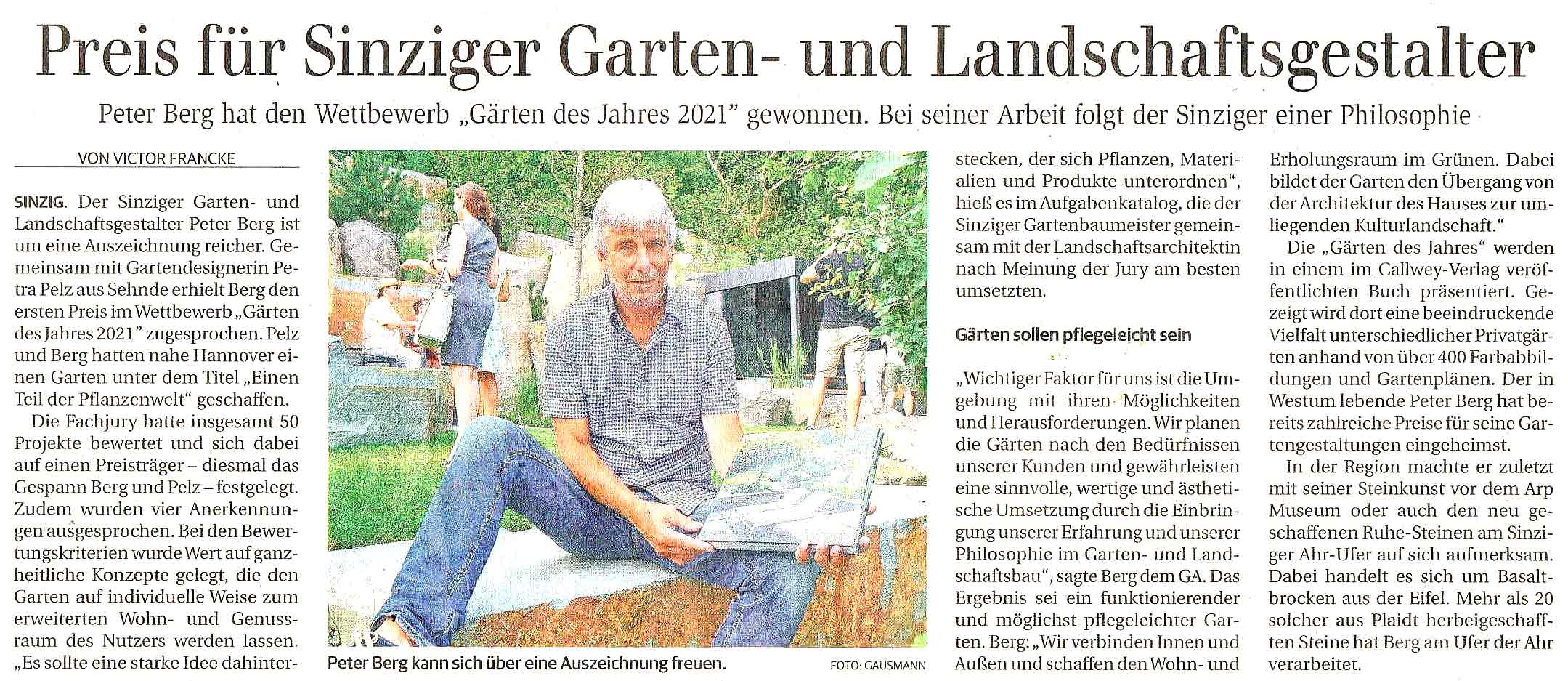 Artikel im General Anzeiger Bonn - Preis für Sinziger Gartendesigner Peter Berg
