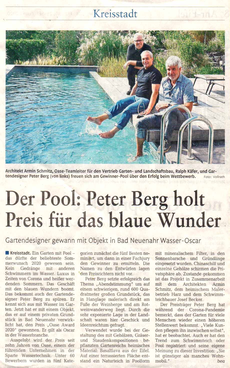 Zeitungsartikel über den Preisgewinn von Peter Berg für Garten mit Pool