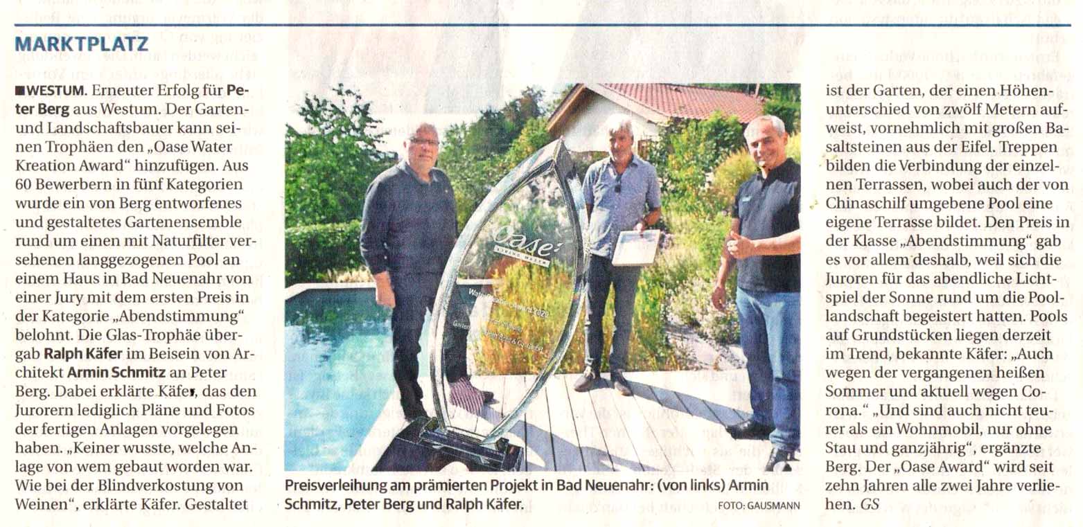 Artikel über Peter Bergs gewonnen Preis für Garten mit Pool